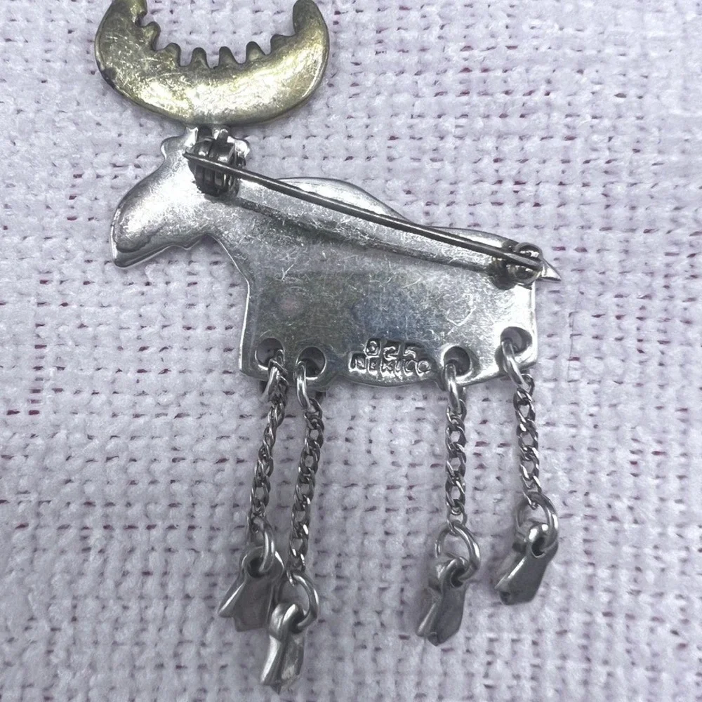 Vintage Mexico Sterling Silver Brass Brooch Pin Moose Articulated Artisan 2
